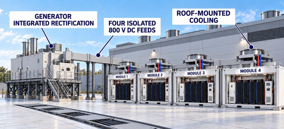 Concept visualisation. Four isolated 800 V DC feeds, one to each module, with roof-mounted cooling.