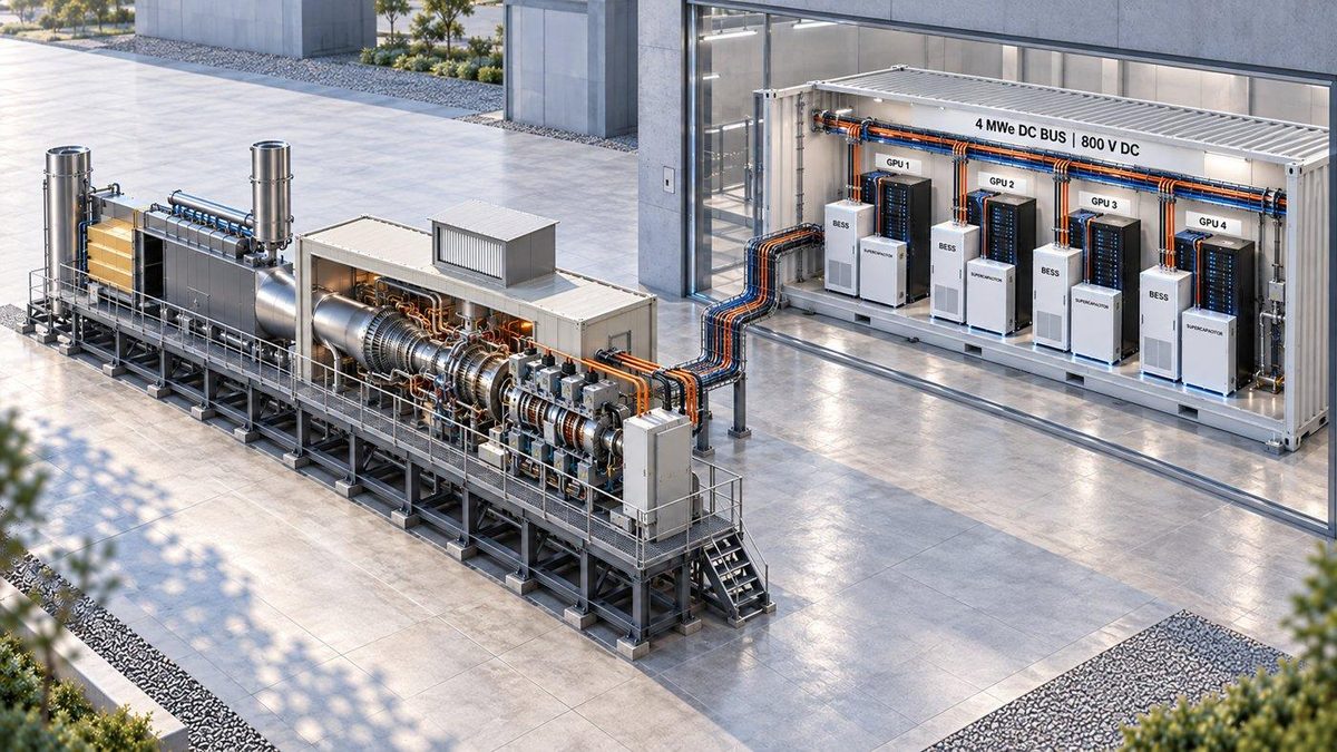 Concept visualisation. Each 800 V DC bus feeds GPU racks with battery storage and supercapacitors.