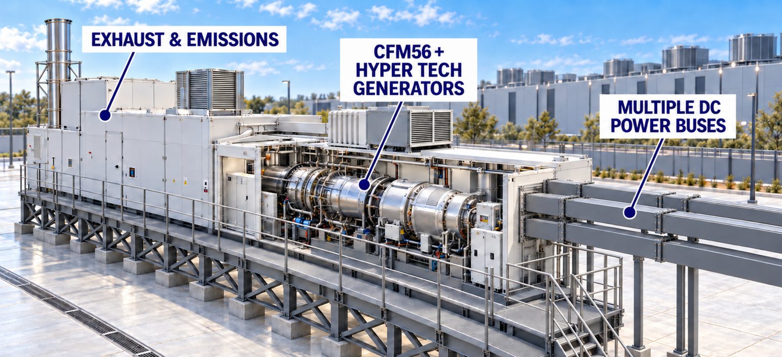 Concept visualisation. One unit: exhaust and emissions module, CFM56 core with Hyper Tech generators, and multiple DC power buses.